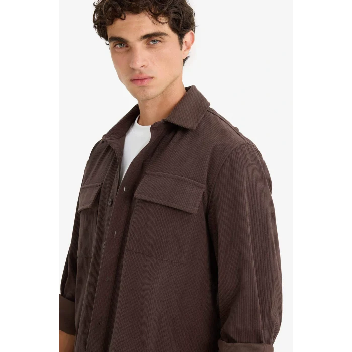 Defacto F1619AXBN337 Kahve Regular Fit Fitilli Kadife Uzun Kollu Gömlek