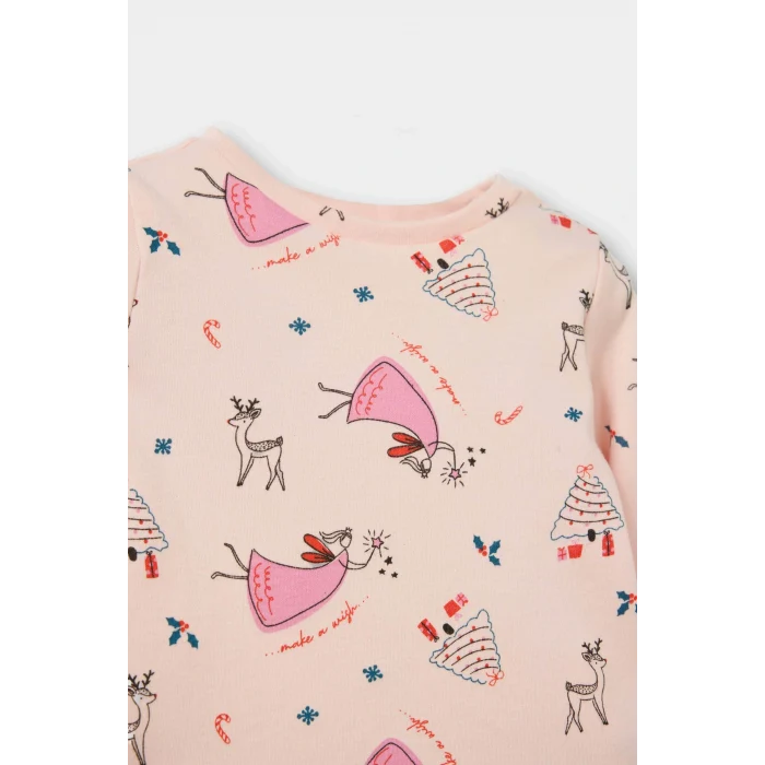 Defacto F0642A5PN127 Pembe Kız Bebek Pijama Takımı Yılbaşı Temalı Uzun Kollu Üst Uzun Alt
