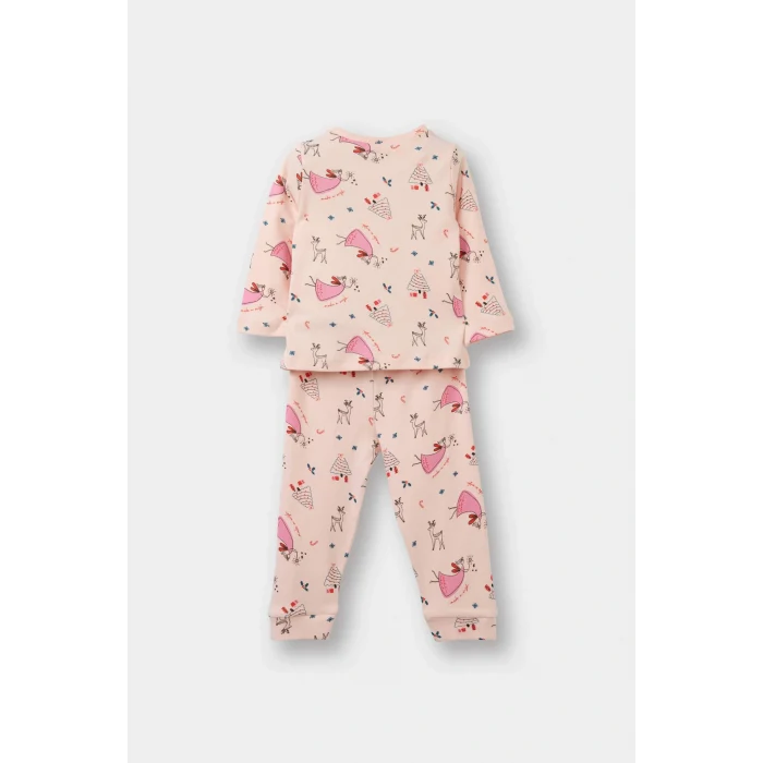 Defacto F0642A5PN127 Pembe Kız Bebek Pijama Takımı Yılbaşı Temalı Uzun Kollu Üst Uzun Alt