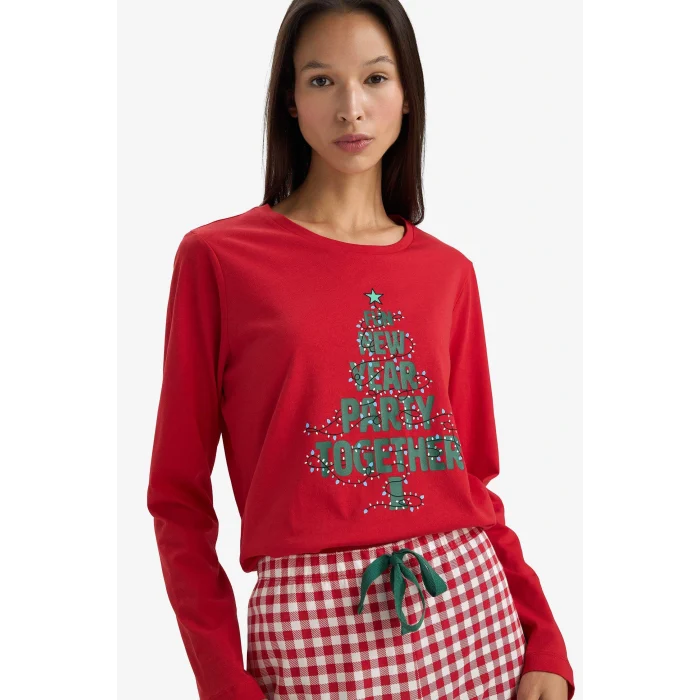 Defacto G0232AXRD256 Kırmızı Yılbaşı Temalı Regular Fit Uzun Kollu Üst Uzun Alt