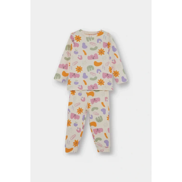 Defacto F0635A5ER233 Ekru Kız Bebek Pijama Takımı Desenli Uzun Kollu Üst Uzun Alt