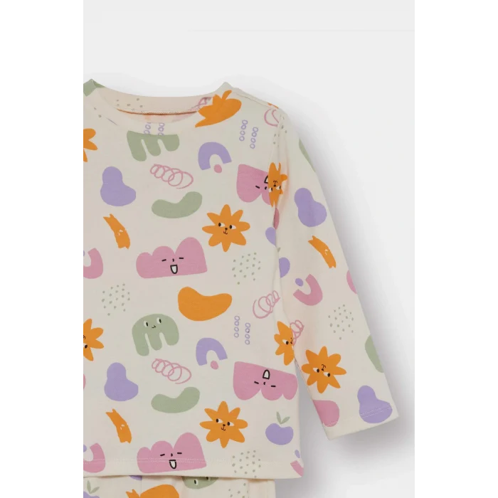 Defacto F0635A5ER233 Ekru Kız Bebek Pijama Takımı Desenli Uzun Kollu Üst Uzun Alt