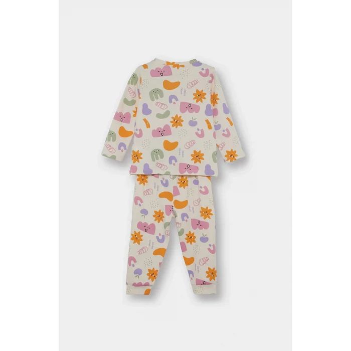 Defacto F0635A5ER233 Ekru Kız Bebek Pijama Takımı Desenli Uzun Kollu Üst Uzun Alt