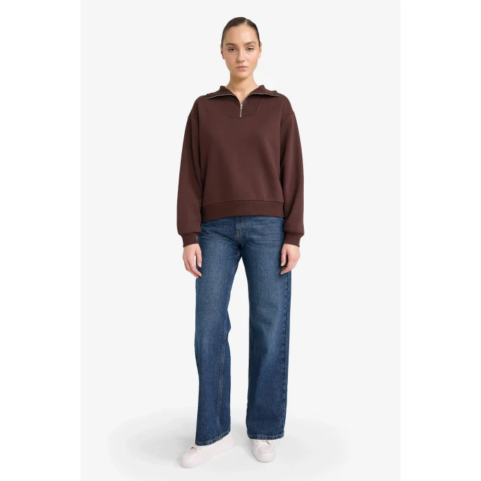 Defacto G4761AXBN267 Kahve Regular Fit Yarım Fermuarlı Balıkçı Yaka Basic Düz Sweatshirt