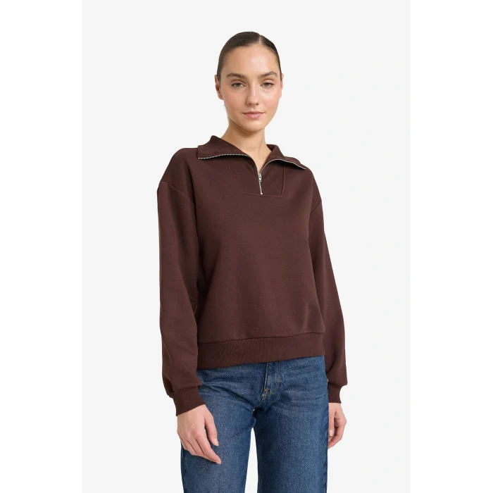 Defacto G4761AXBN267 Kahve Regular Fit Yarım Fermuarlı Balıkçı Yaka Basic Düz Sweatshirt