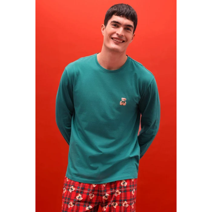 Defacto G7275AXRD256 Kırmızı Pijama Takımı Regular Fit Ayıcık Desenli Uzun Kollu Üst Uzun Alt