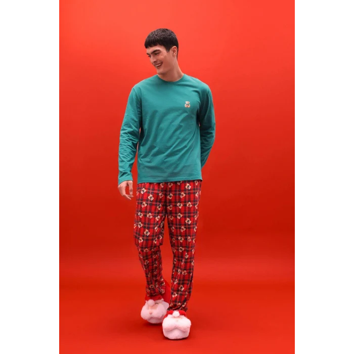 Defacto G7275AXRD256 Kırmızı Pijama Takımı Regular Fit Ayıcık Desenli Uzun Kollu Üst Uzun Alt
