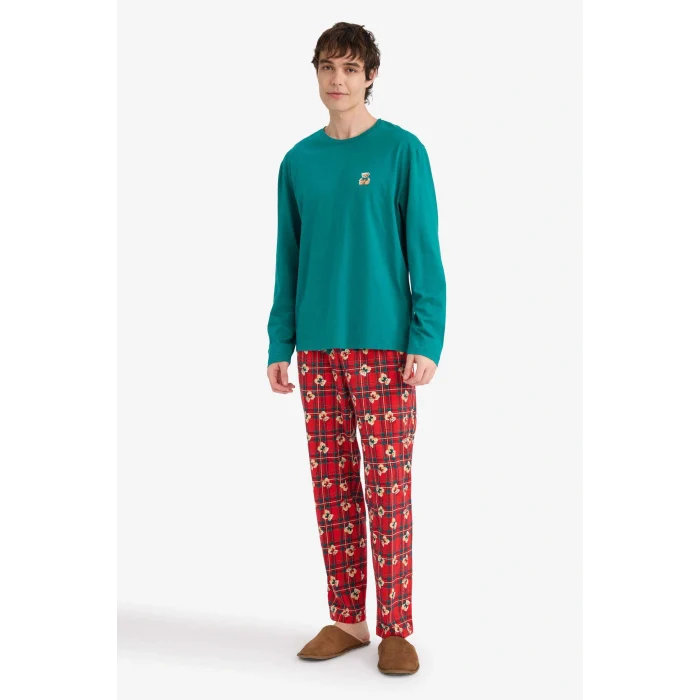Defacto G7275AXRD256 Kırmızı Pijama Takımı Regular Fit Ayıcık Desenli Uzun Kollu Üst Uzun Alt