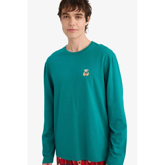 Defacto G7275AXRD256 Kırmızı Pijama Takımı Regular Fit Ayıcık Desenli Uzun Kollu Üst Uzun Alt