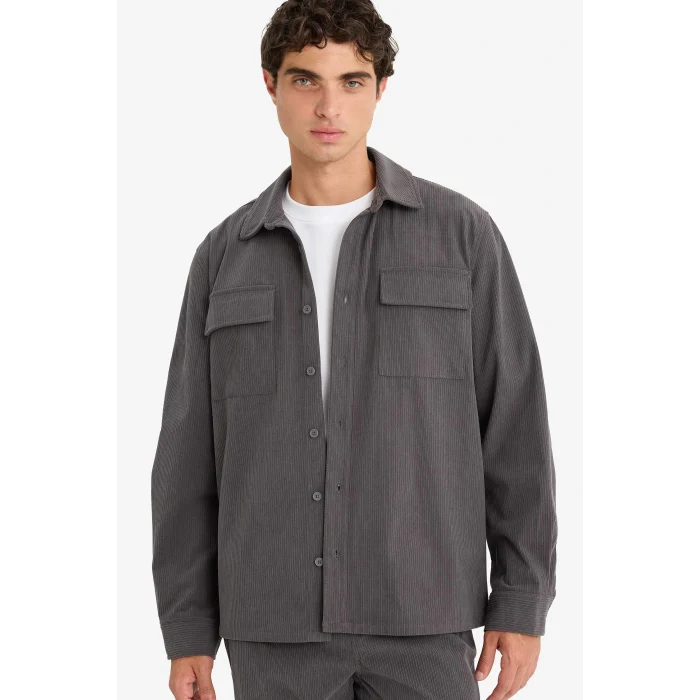 Defacto F1619AXAR104 Antrasit Regular Fit Fitilli Kadife Uzun Kollu Gömlek