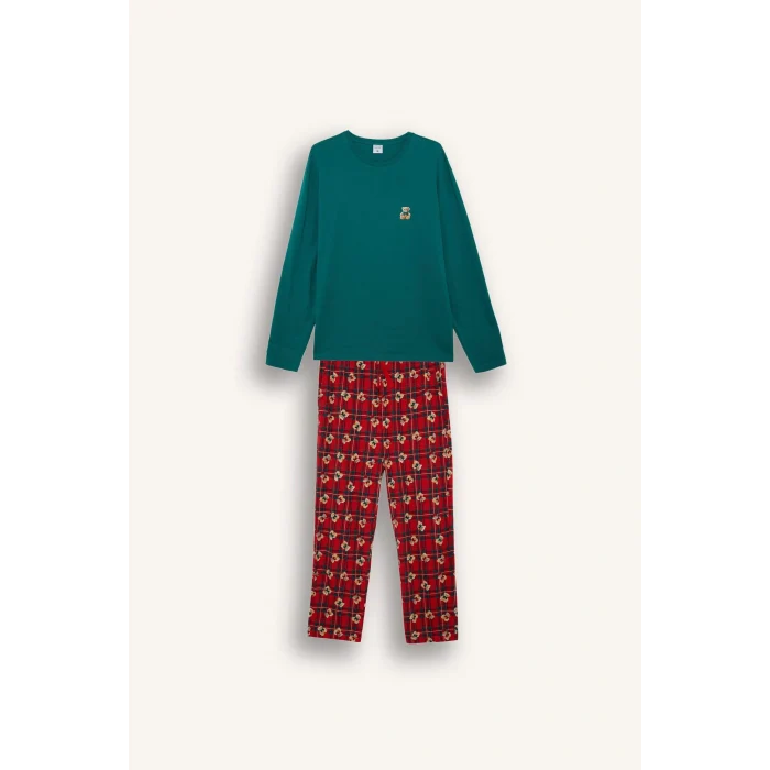 Defacto G7275AXRD256 Kırmızı Pijama Takımı Regular Fit Ayıcık Desenli Uzun Kollu Üst Uzun Alt