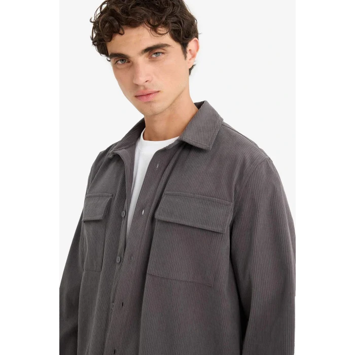 Defacto F1619AXAR104 Antrasit Regular Fit Fitilli Kadife Uzun Kollu Gömlek