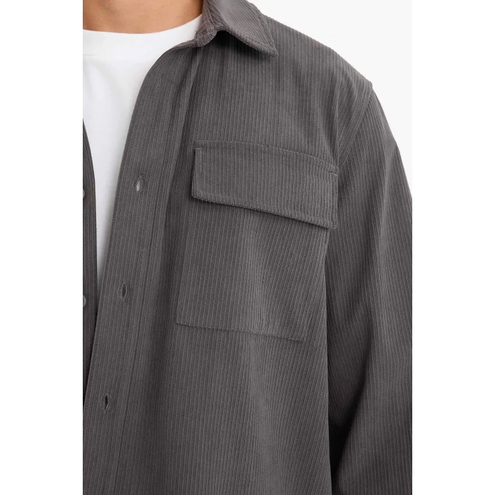 Defacto F1619AXAR104 Antrasit Regular Fit Fitilli Kadife Uzun Kollu Gömlek