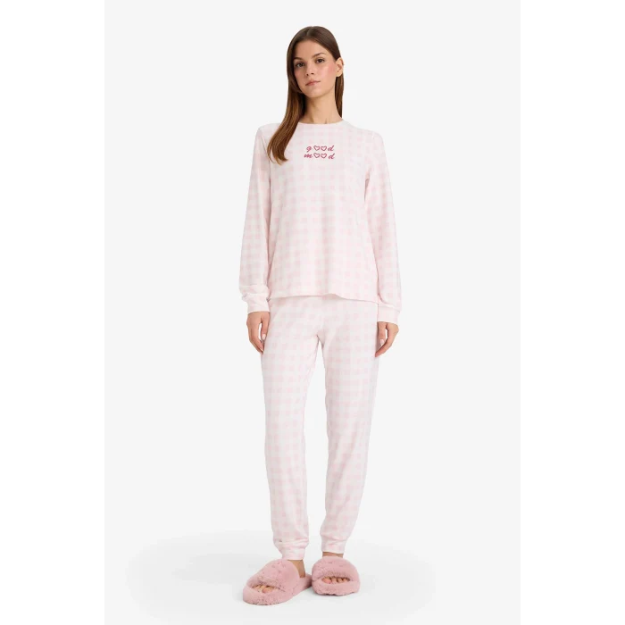 Defacto G5305AXPN38 Pembe Pijama Takımı Regular Fit Kareli Uzun Kollu Üst Uzun Alt
