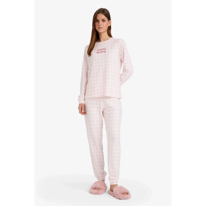 Defacto G5305AXPN38 Pembe Pijama Takımı Regular Fit Kareli Uzun Kollu Üst Uzun Alt