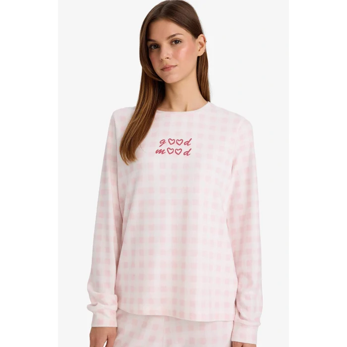 Defacto G5305AXPN38 Pembe Pijama Takımı Regular Fit Kareli Uzun Kollu Üst Uzun Alt