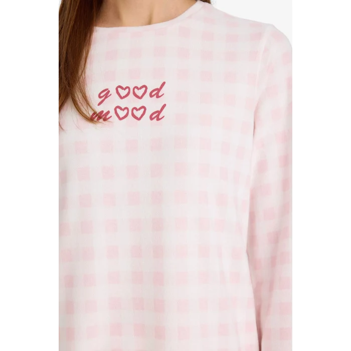 Defacto G5305AXPN38 Pembe Pijama Takımı Regular Fit Kareli Uzun Kollu Üst Uzun Alt