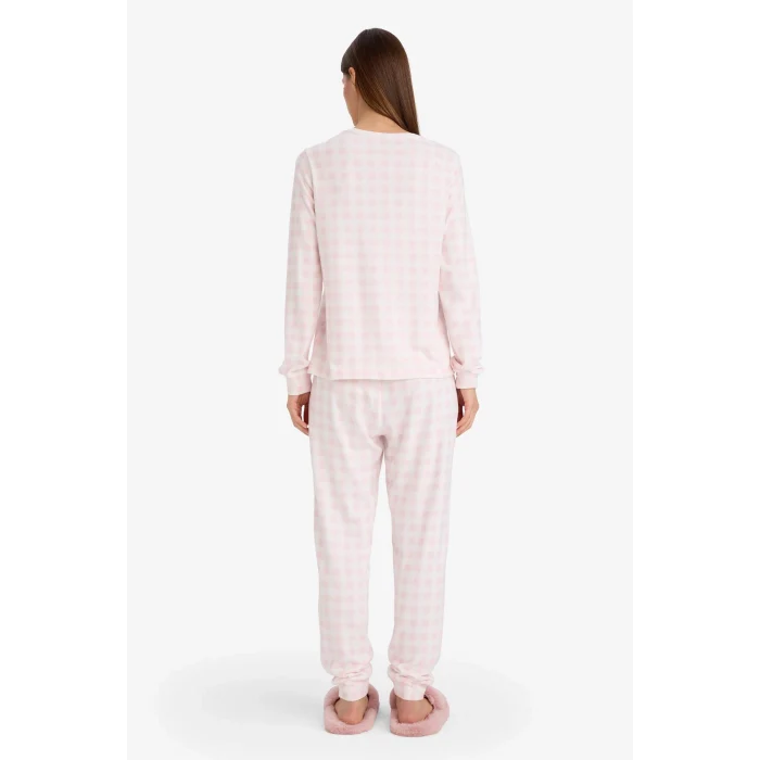 Defacto G5305AXPN38 Pembe Pijama Takımı Regular Fit Kareli Uzun Kollu Üst Uzun Alt
