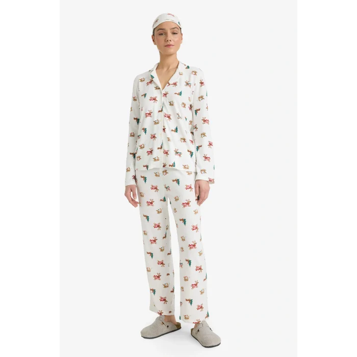 Defacto G0234AXER98 Ekru Uyku Gözlüklü Pijama Takımı Yılbaşı Temalı Regular Fit Uzun Kollu Üst Uzun Alt