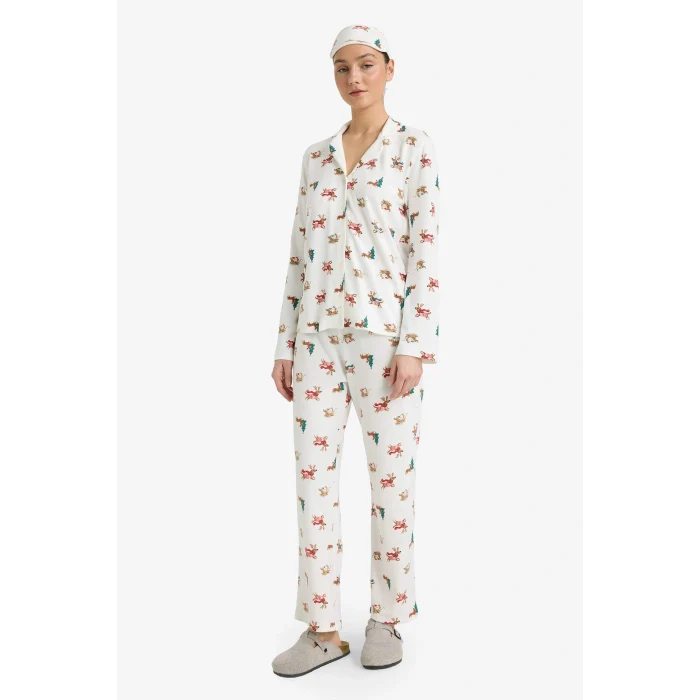 Defacto G0234AXER98 Ekru Uyku Gözlüklü Pijama Takımı Yılbaşı Temalı Regular Fit Uzun Kollu Üst Uzun Alt