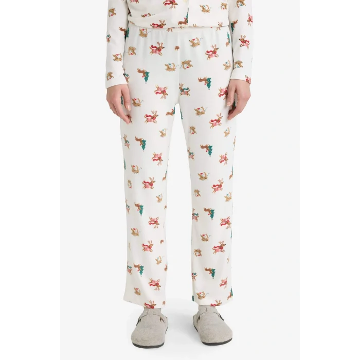 Defacto G0234AXER98 Ekru Uyku Gözlüklü Pijama Takımı Yılbaşı Temalı Regular Fit Uzun Kollu Üst Uzun Alt