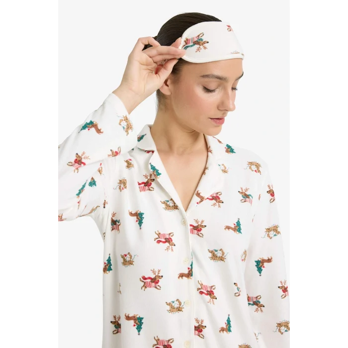 Defacto G0234AXER98 Ekru Uyku Gözlüklü Pijama Takımı Yılbaşı Temalı Regular Fit Uzun Kollu Üst Uzun Alt