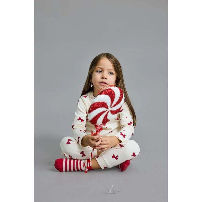 Defacto F0639A5ER233 Ekru Kız Bebek Yılbaşı Temalı Pijama Takımı Uzun Kollu Üst Uzun Alt