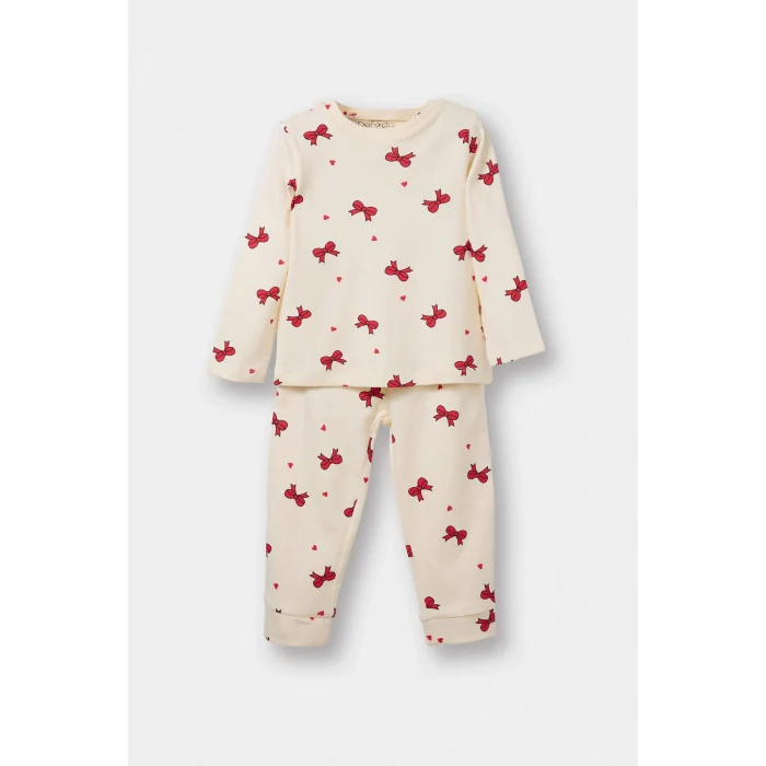 Defacto F0639A5ER233 Ekru Kız Bebek Yılbaşı Temalı Pijama Takımı Uzun Kollu Üst Uzun Alt