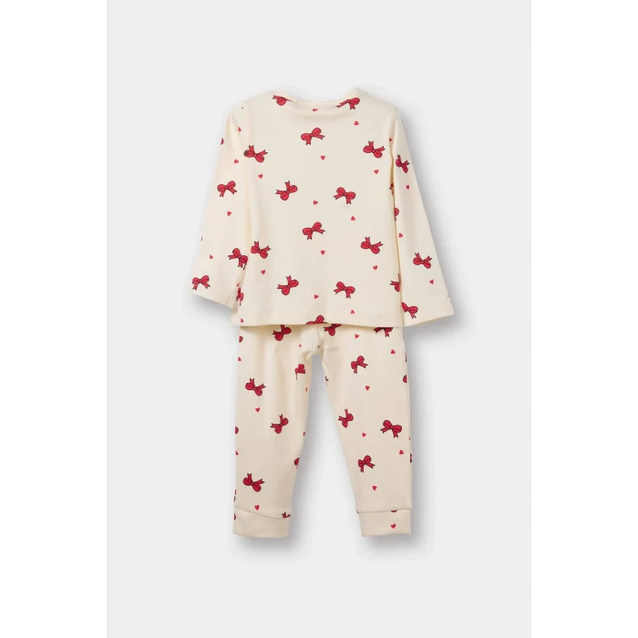Defacto F0639A5ER233 Ekru Kız Bebek Yılbaşı Temalı Pijama Takımı Uzun Kollu Üst Uzun Alt