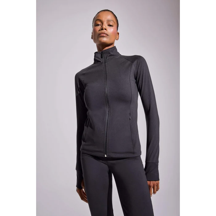 Defacto B3985AXBK81 Siyah Fitted Vücuda Oturan Ultra Soft Dik Yaka Çift Cepli Parmak Detaylı Fermuarlı Spor Hırka