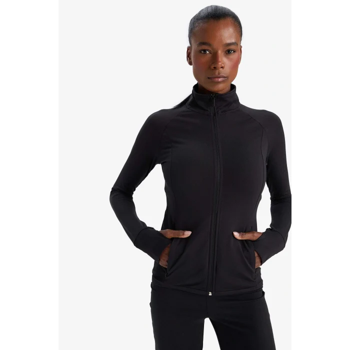 Defacto B3985AXBK81 Siyah Fitted Vücuda Oturan Ultra Soft Dik Yaka Çift Cepli Parmak Detaylı Fermuarlı Spor Hırka
