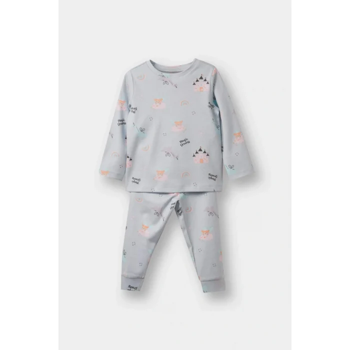 Defacto F0631A5BE61 Mavi Kız Bebek Pijama Takımı Desenli Uzun Kollu Üst Uzun Alt