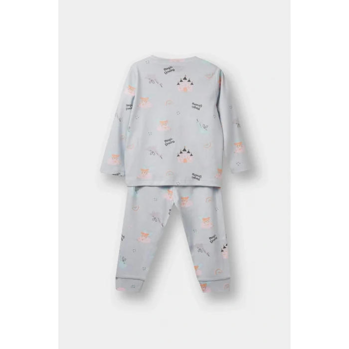 Defacto F0631A5BE61 Mavi Kız Bebek Pijama Takımı Desenli Uzun Kollu Üst Uzun Alt