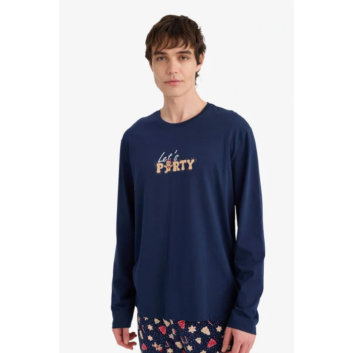 Defacto G7274AXNV31 Lacivert Yılbaşı Temalı Pijama Takımı Regular Fit Uzun Kollu Üst Uzun Alt