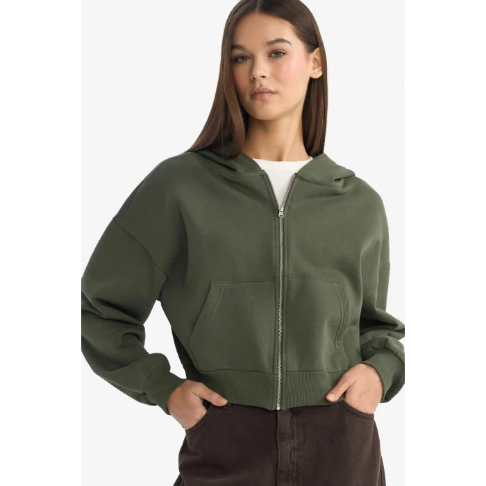 Defacto Z7069AZGN432 Yeşil Cropped Fit Kapüşonlu Kalın Fermuarlı Sweatshirt
