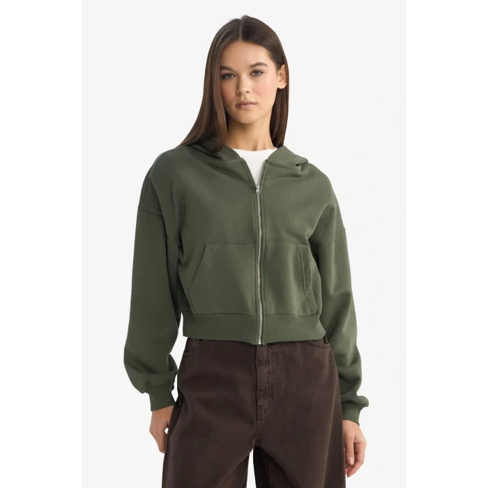 Defacto Z7069AZGN432 Yeşil Cropped Fit Kapüşonlu Kalın Fermuarlı Sweatshirt