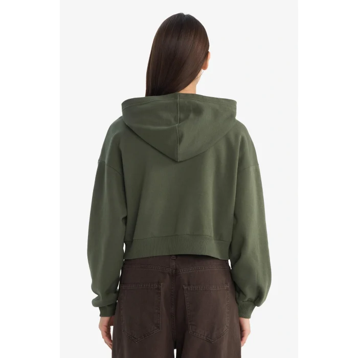 Defacto Z7069AZGN432 Yeşil Cropped Fit Kapüşonlu Kalın Fermuarlı Sweatshirt