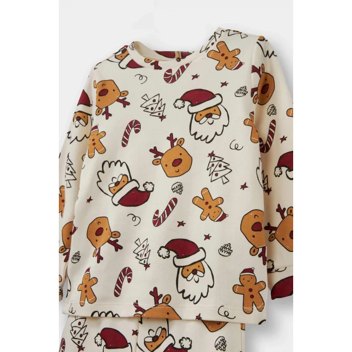 Defacto F0557A5ER233 Ekru Erkek Bebek Pijama Takımı Yılbaşı Temalı Uzun Kollu Üst Uzun Alt