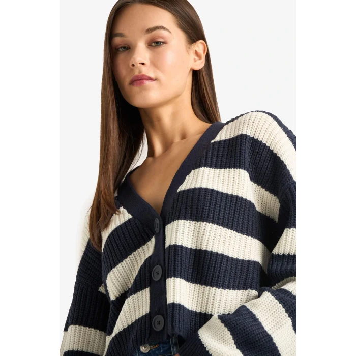 Defacto Z8539AZNV207 Lacivert Regular Fit V Yaka Çizgili Düğmeli Triko Hırka