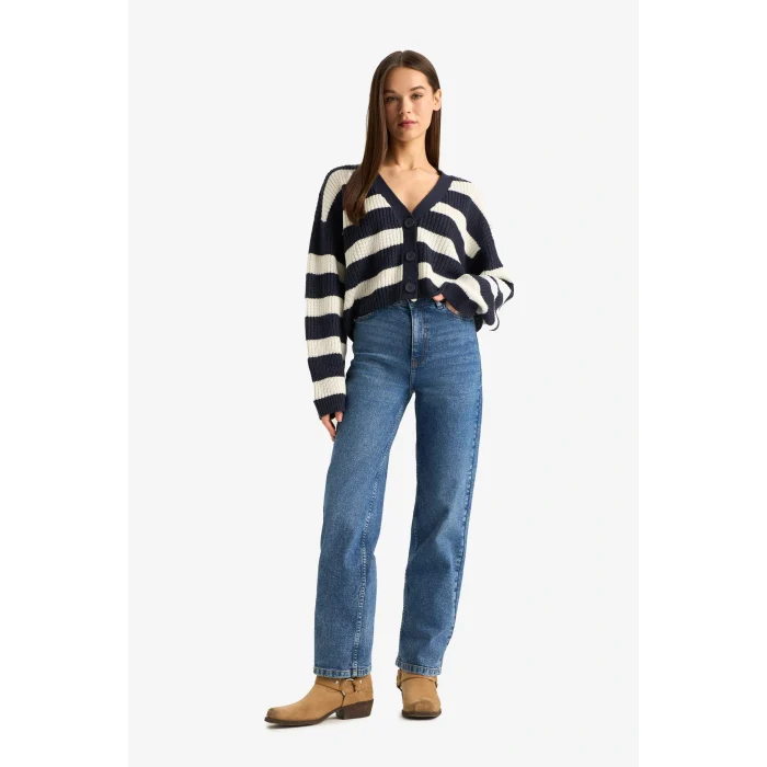 Defacto Z8539AZNV207 Lacivert Regular Fit V Yaka Çizgili Düğmeli Triko Hırka