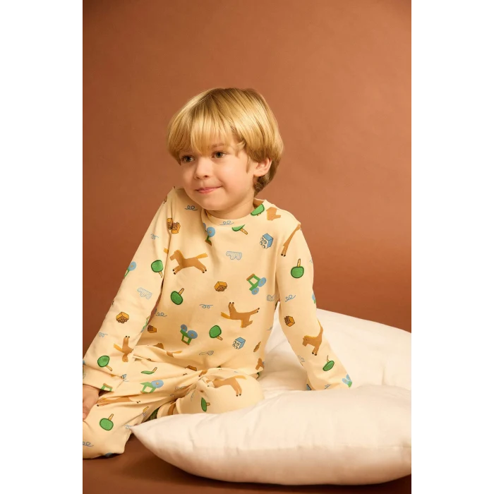 Defacto F0531A5BG792 Bej Erkek Bebek Pijama Takımı Desenli Uzun Kollu Üst Uzun Alt