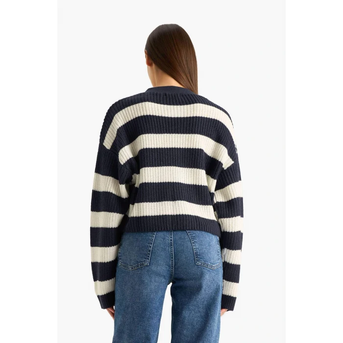 Defacto Z8539AZNV207 Lacivert Regular Fit V Yaka Çizgili Düğmeli Triko Hırka