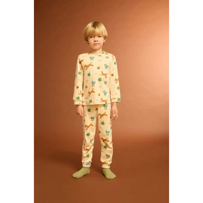 Defacto F0531A5BG792 Bej Erkek Bebek Pijama Takımı Desenli Uzun Kollu Üst Uzun Alt
