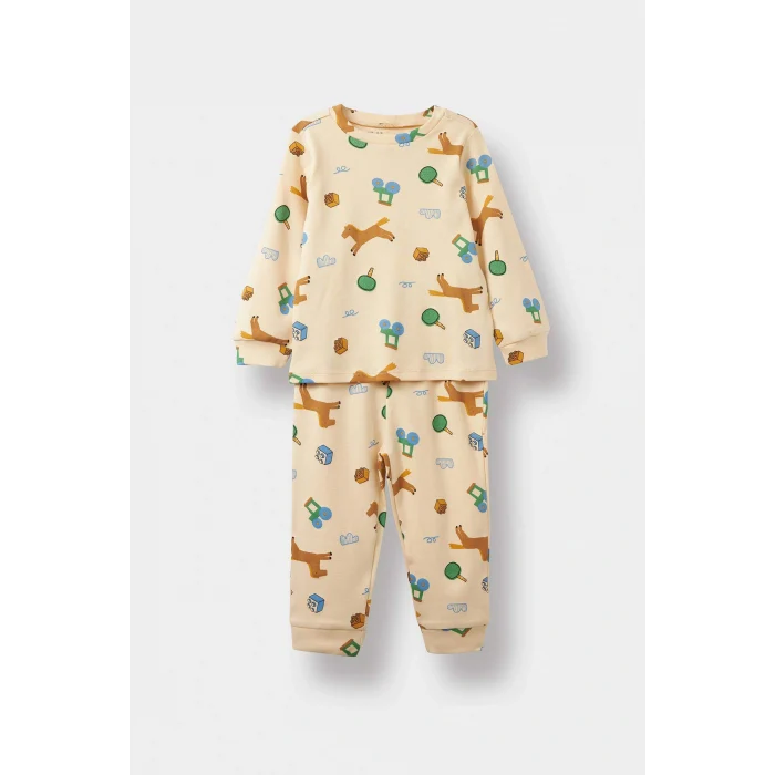 Defacto F0531A5BG792 Bej Erkek Bebek Pijama Takımı Desenli Uzun Kollu Üst Uzun Alt