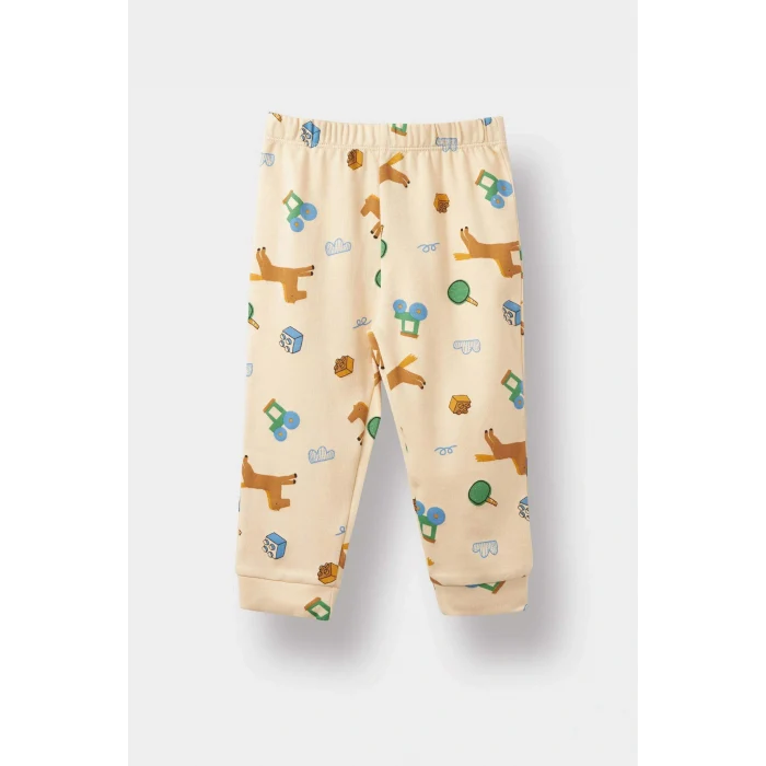 Defacto F0531A5BG792 Bej Erkek Bebek Pijama Takımı Desenli Uzun Kollu Üst Uzun Alt