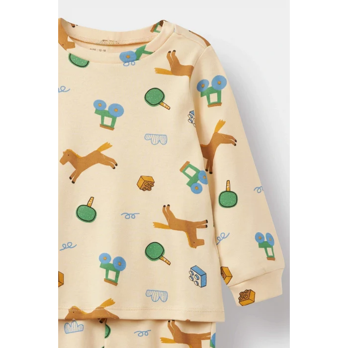 Defacto F0531A5BG792 Bej Erkek Bebek Pijama Takımı Desenli Uzun Kollu Üst Uzun Alt