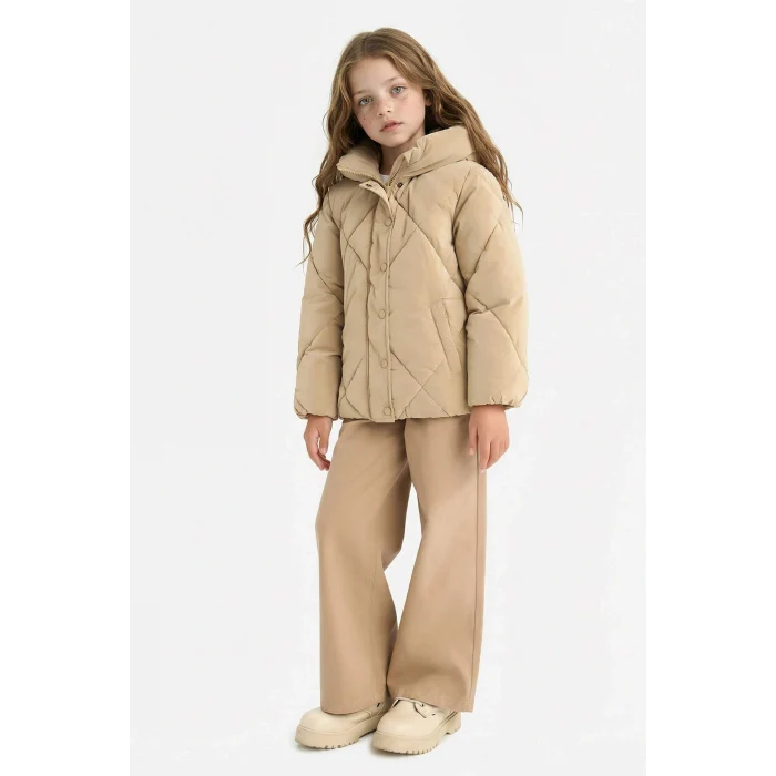 Defacto A0839A8BG203 Bej Kız Çocuk Kapüşonlu Fermuarlı Çıtçıtlı Kapitoneli Mont
