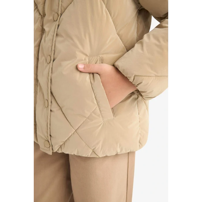 Defacto A0839A8BG203 Bej Kız Çocuk Kapüşonlu Fermuarlı Çıtçıtlı Kapitoneli Mont