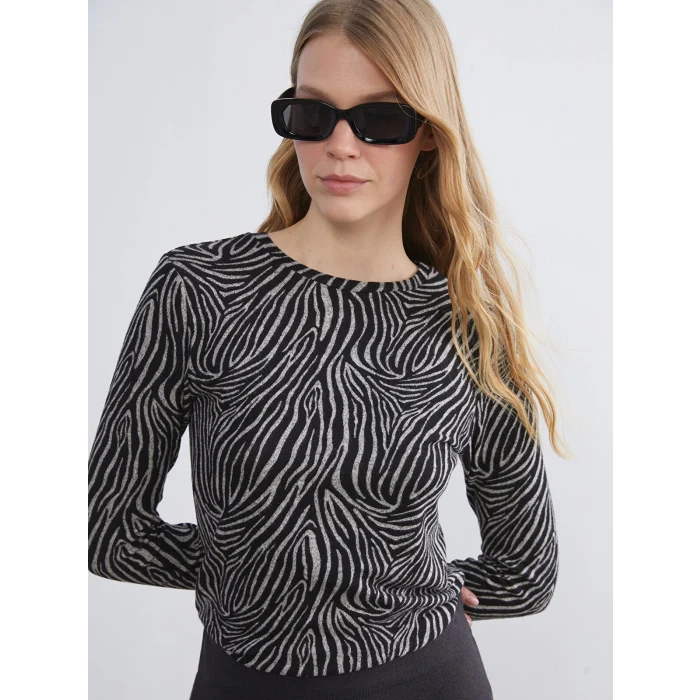 LCWAIKIKI Basic Kahverengi Bisiklet Yaka Desenli Bluz