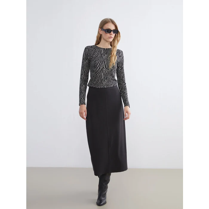 LCWAIKIKI Basic Kahverengi Bisiklet Yaka Desenli Bluz